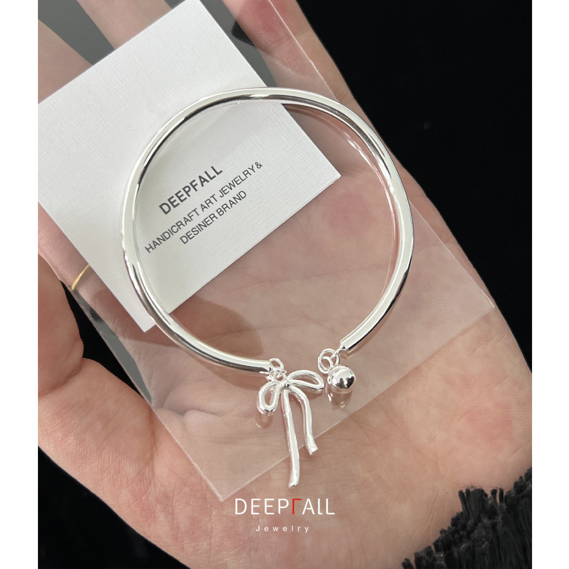 DEEPFALL/足银999手镯 纯银开口波浪流苏蝴蝶结铃铛银手镯 手环