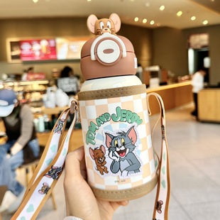 新款卡通猫和老鼠316不锈钢儿童大肚杯开学季背带保温双饮杯