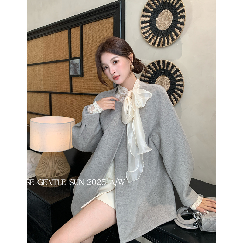 2025秋季新款白标气质优雅千金风长袖毛呢短外套上衣
