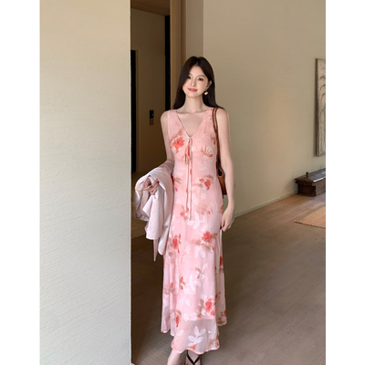 2026春季白标气质高腰系带连衣裙子印花纯欲度假裙女