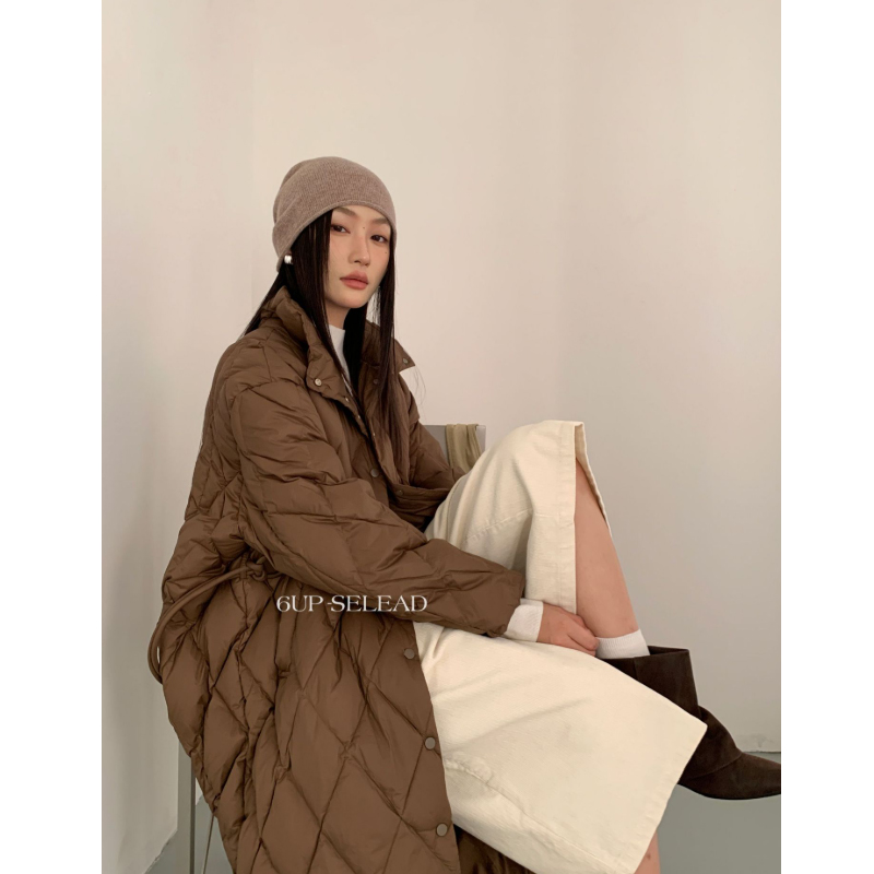 韩版立领菱形格长款羽绒服外套女冬十三行新款90白鸭绒保暖