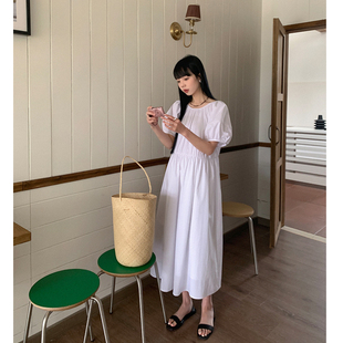 春夏韩系抽褶连衣裙设计感广州十三行新款 长裙ins 通勤短袖