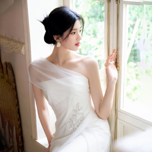 清欢斜肩轻纱敬酒服仙女连衣裙