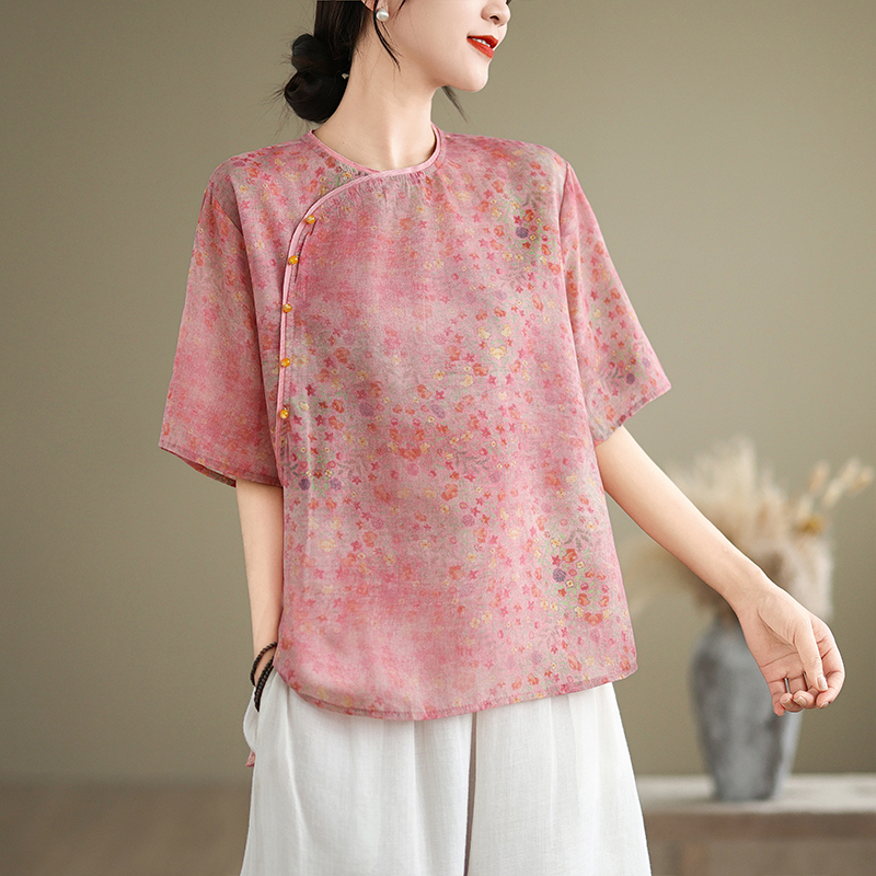 复古新中式小碎花苎麻衬衫女夏季中国风斜襟盘扣园领棉麻小衫上衣