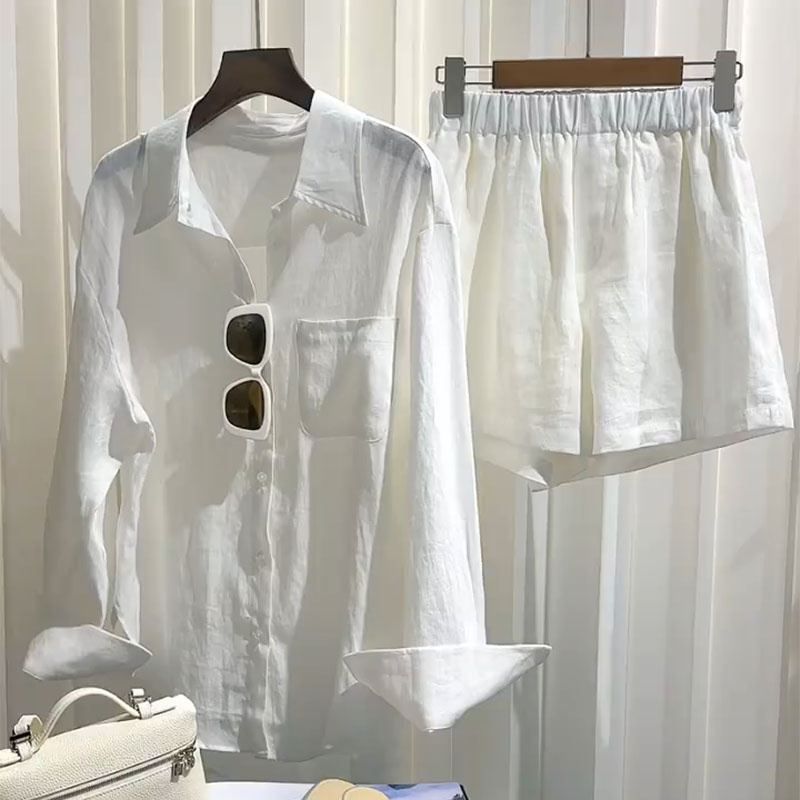 夏装搭配一整套棉麻套装女慵懒风白色防晒衬衫亚麻阔腿短裤两件套