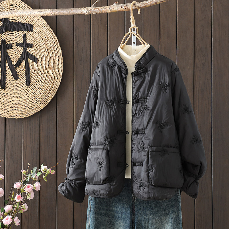 新中式国风冬女宽松休闲立领刺绣棉衣复古文艺民族风外套棉服