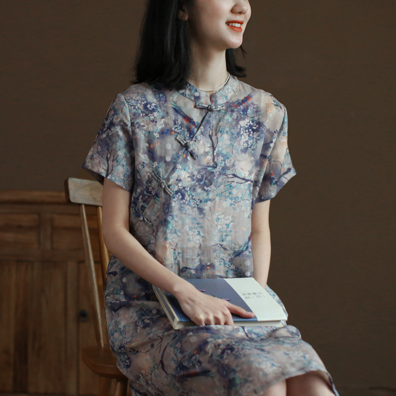 品牌折扣店商场撤柜清仓尾货夏季碎花旗袍宽松A字裙立领连衣裙女