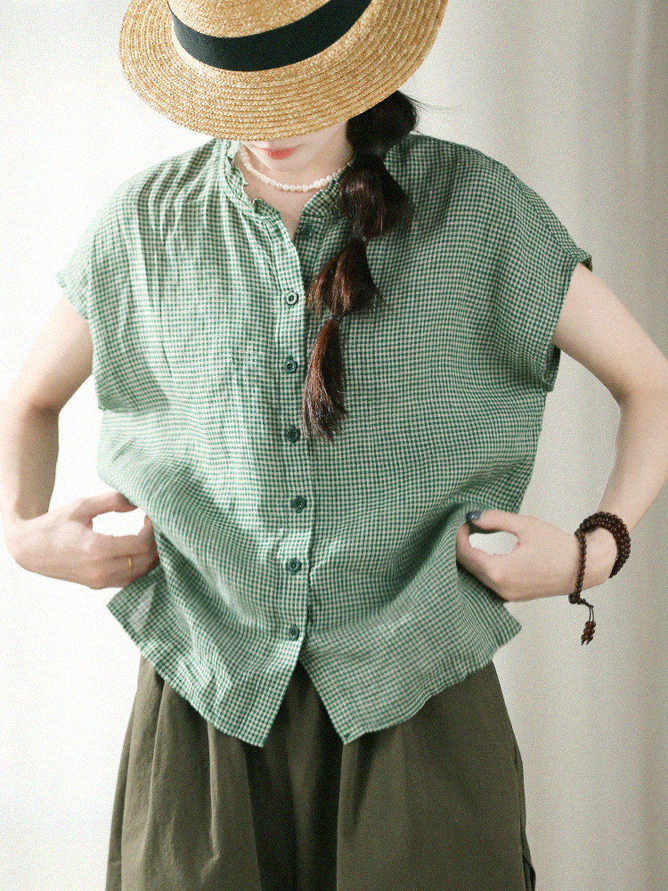 文艺亚麻花边领短袖衬衫上衣女夏季轻薄透气休闲格子落肩小衫女