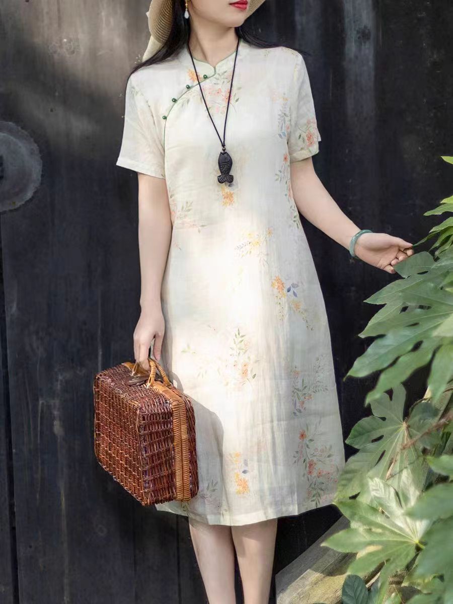 中式国风改良旗袍连衣裙女夏文艺立领日常通勤斜襟印花棉麻中长裙