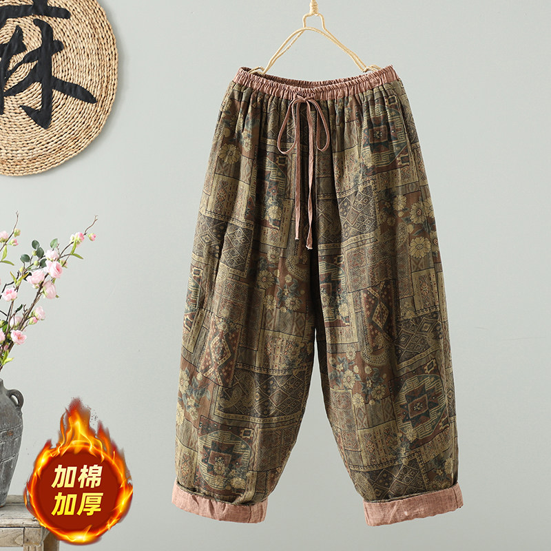 新款砂洗做旧棉麻印花阔腿裤文艺复古松紧腰保暖长裤棉裤,女装/女士精品,棉裤/羽绒裤,淘宝优惠券,粉丝福利购,淘宝优惠卷