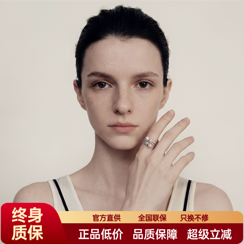 FataViam925银5A锆石天然珍珠交叉开口可调节食指戒指女气质高级