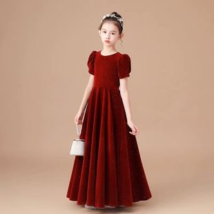 女童礼服裙高端婚礼花童小主持人演出服女孩洋气公主裙红色连衣裙