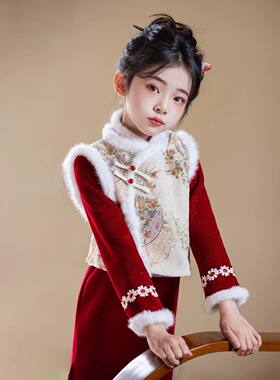 女童红色新年旗袍秋冬季加绒拜年服儿童新中式国风女孩过年服冬装