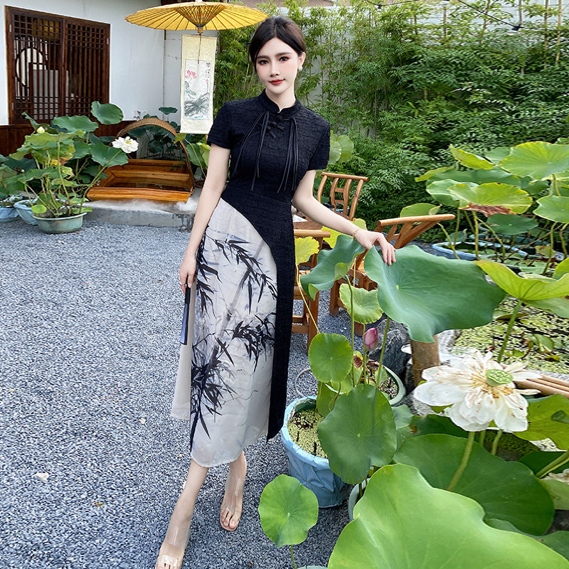 中国风中长款印花旗袍连衣裙气质女装技师夜场上班衣服采耳师工衣