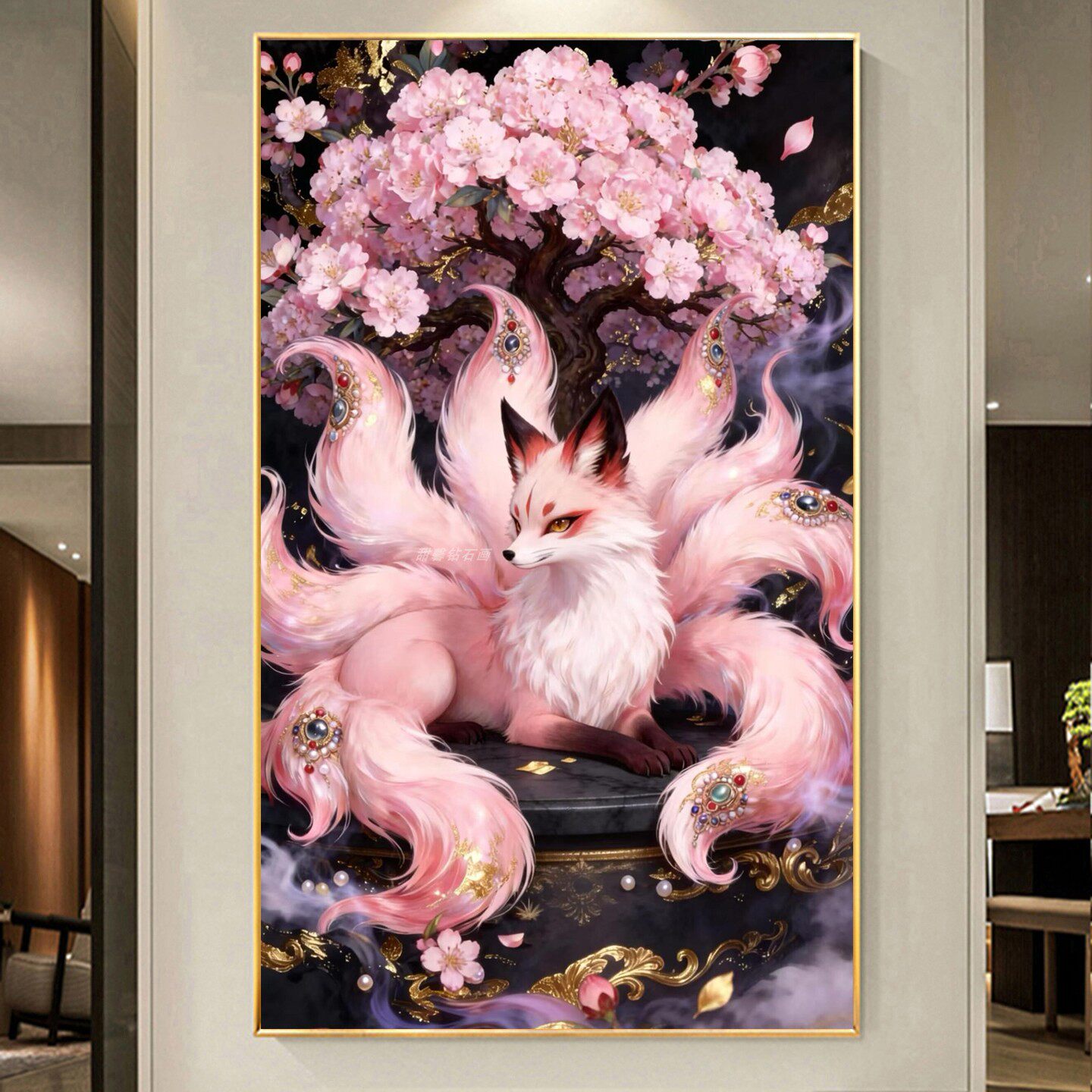 DIY手工贴钻方钻满钻钻石画砖石绣粉色樱花树下的粉色九尾狐玄关
