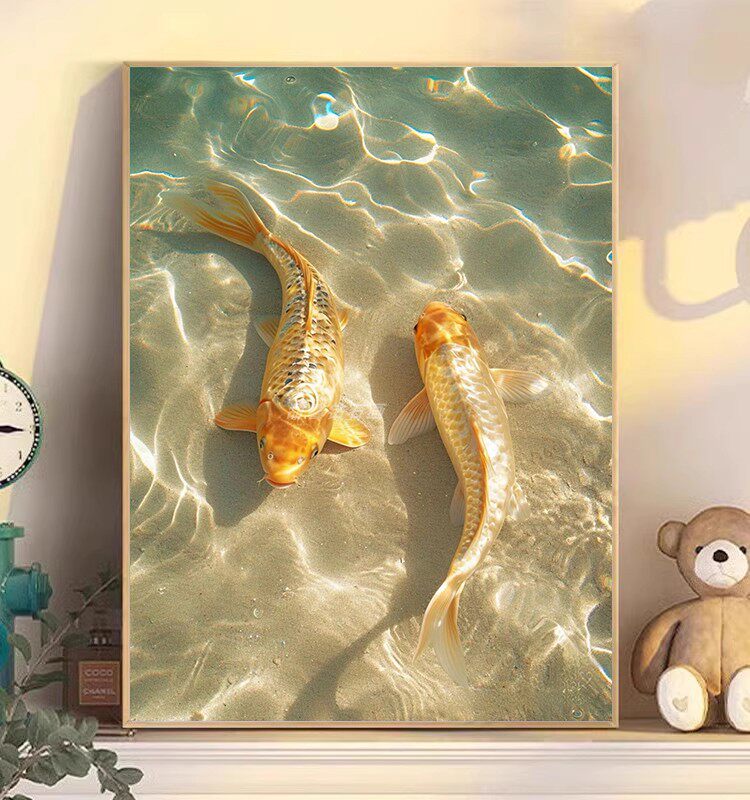 diy方钻满钻钻石画钻石绣水中金色鲤鱼双鱼图手工贴钻点钻十字绣