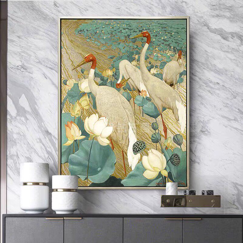 DIY方钻满钻钻石画荷花池边长寿白鹤手工贴钻点钻印花十字绣带钻