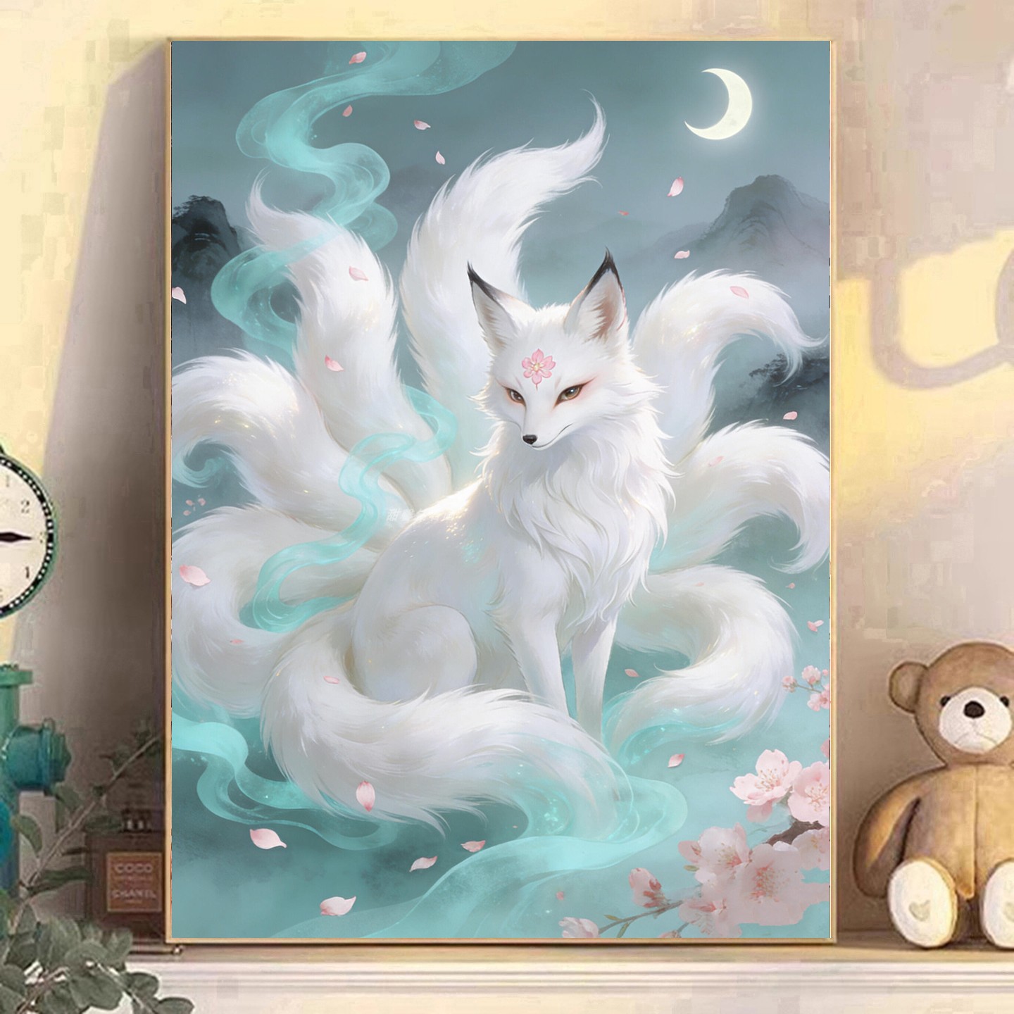古风DIY树脂方钻满钻钻石画月夜青烟桃花白色九尾狐粘贴钻钻石绣图片