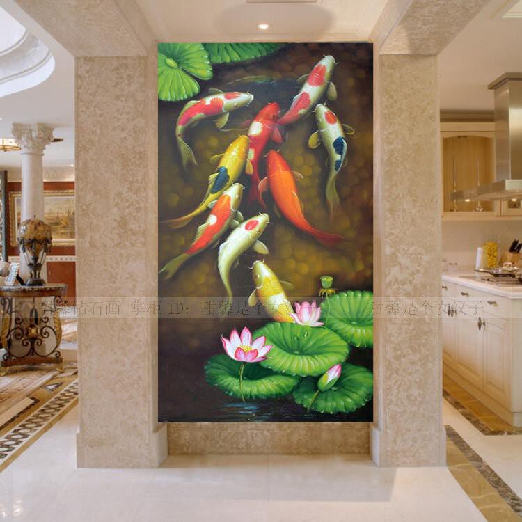 东南亚走廊过道diy方钻满贴钻石画点钻十字绣荷花九鱼图玄关竖版