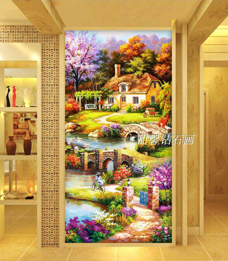 客厅欧式走廊过道粘贴十字绣钻石贴钻画浪漫满屋油画风景玄关竖版