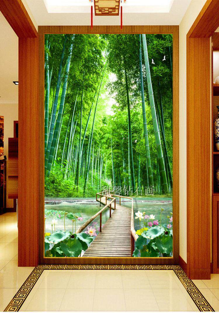 田园风景方钻满钻钻石画贴钻砖石十字绣带钻新式竹林木桥玄关竖版