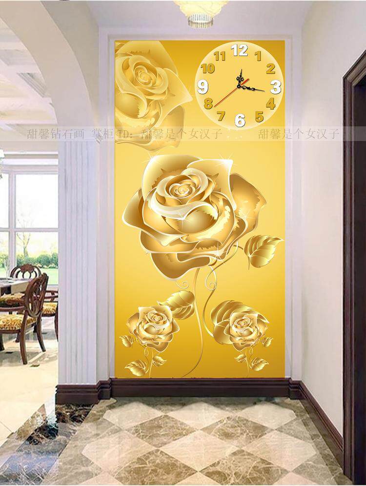 现代简约客厅走廊过道方钻满钻钻石画5D贴钻十字绣金玫瑰钟表玄关