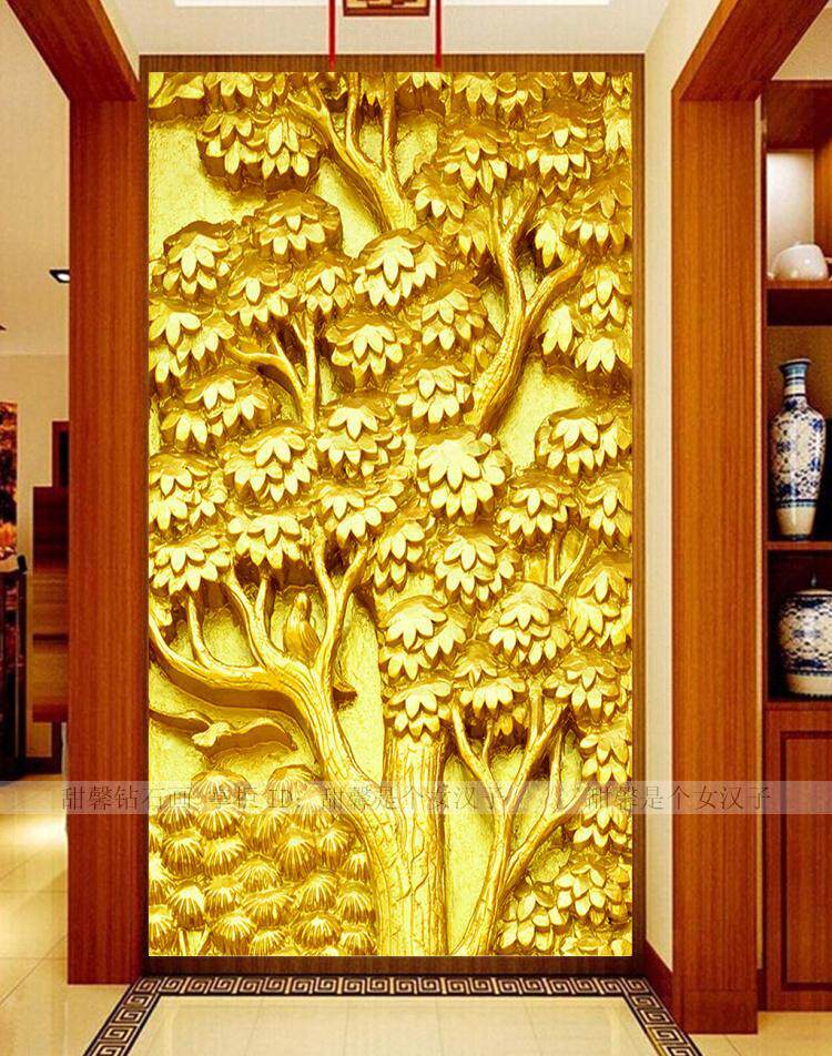东南亚泰国走廊DIY方钻满钻钻石画贴钻十字绣黄金发财树玄关竖版