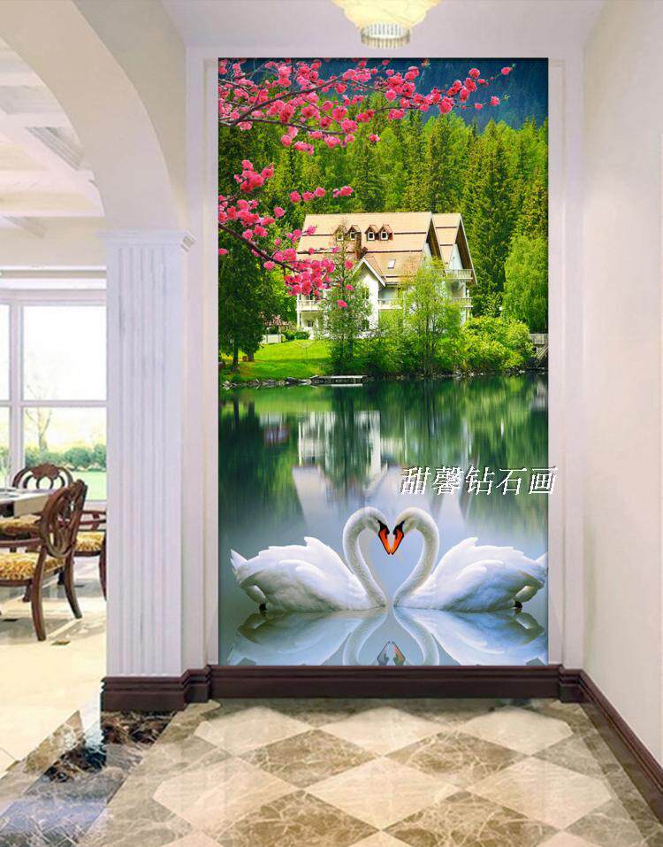 楼梯过道方钻满贴钻石画十字绣带钻绿色心心相印天鹅湖风景玄关