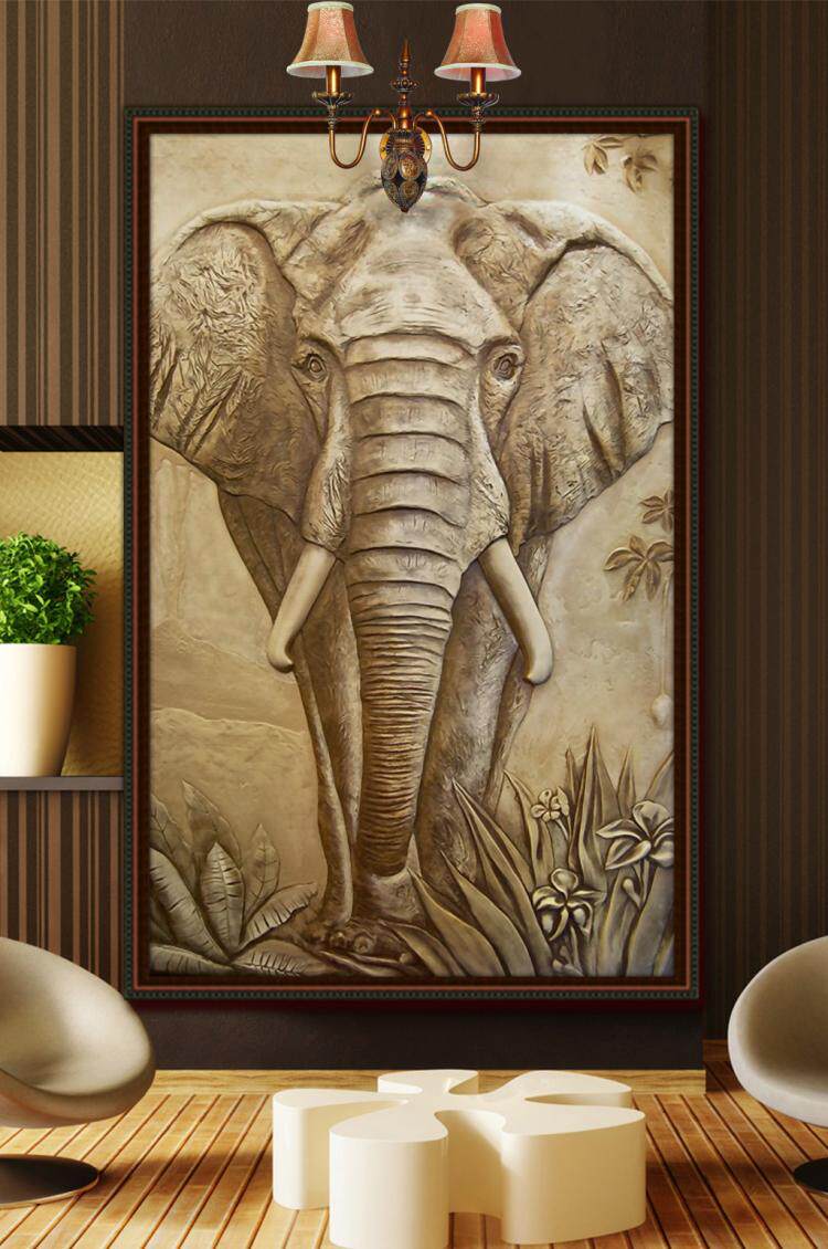 古典怀旧走廊方钻满钻贴钻钻石画十字绣立体浮雕金色大象玄关竖