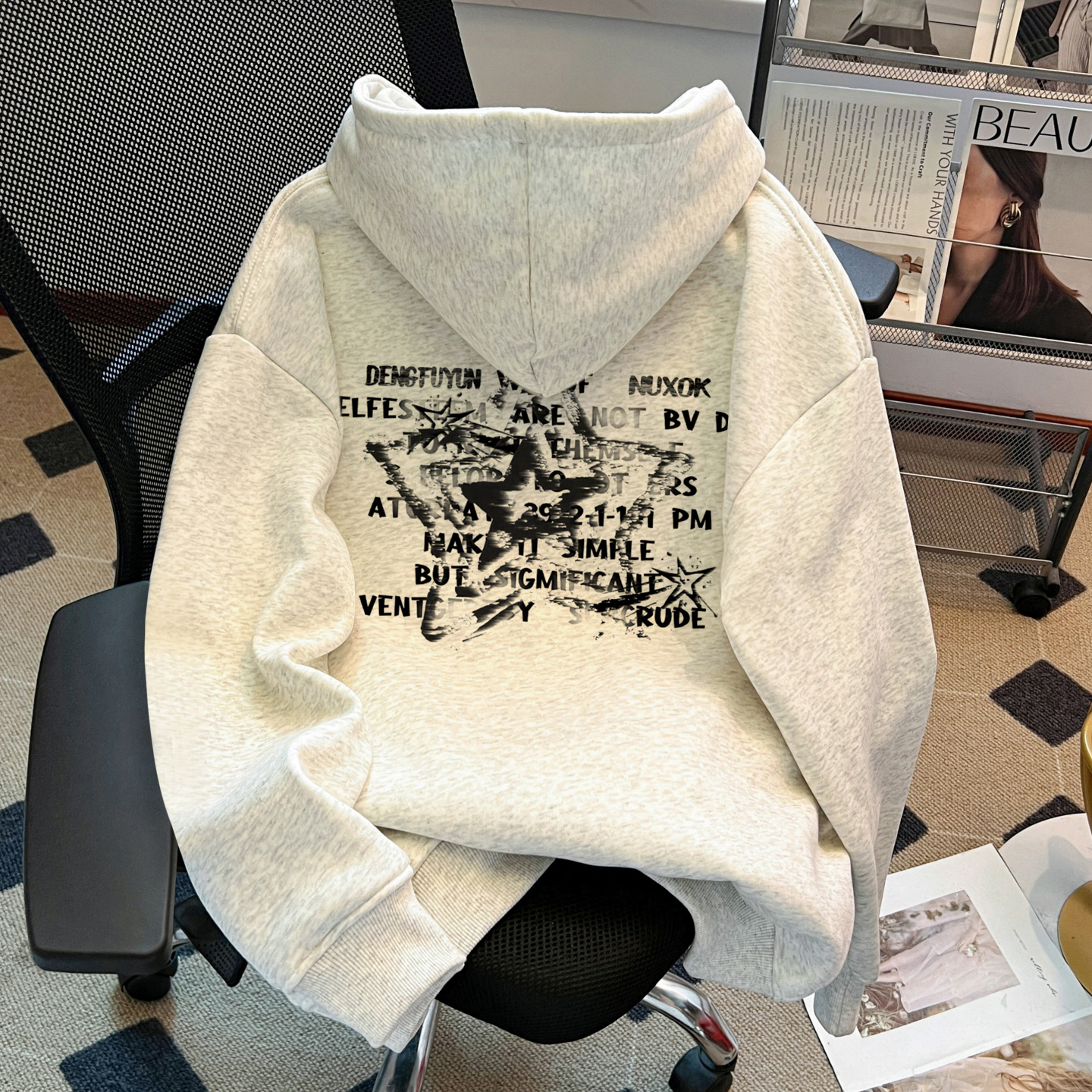 国潮美式星星字母印花连帽卫衣男