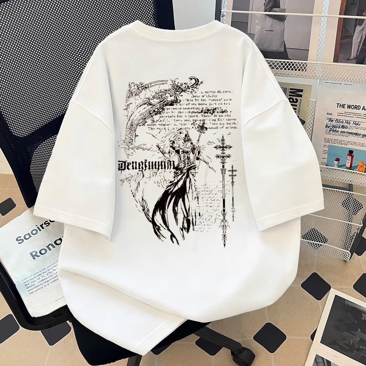 美式高街风印花短袖T恤男女夏宽松落肩袖潮流个性纯棉青少年上衣