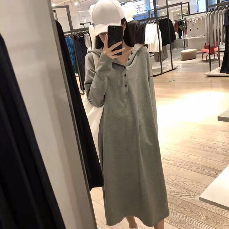 春秋新款宽松肥大码睡衣女韩版长袖长款过膝长裙纯棉连帽外穿睡裙