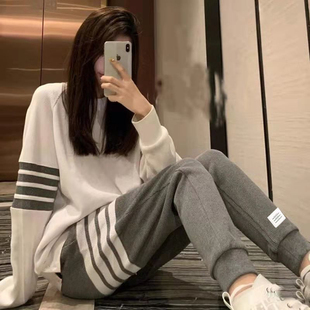 chic韩版三条杠睡衣套装女长袖长裤华夫格情侣运动休闲家居两件套
