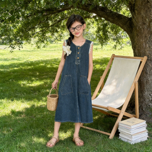 女童牛仔背心连衣裙夏季韩版中大童无袖中长裙高级感日常无袖薄款