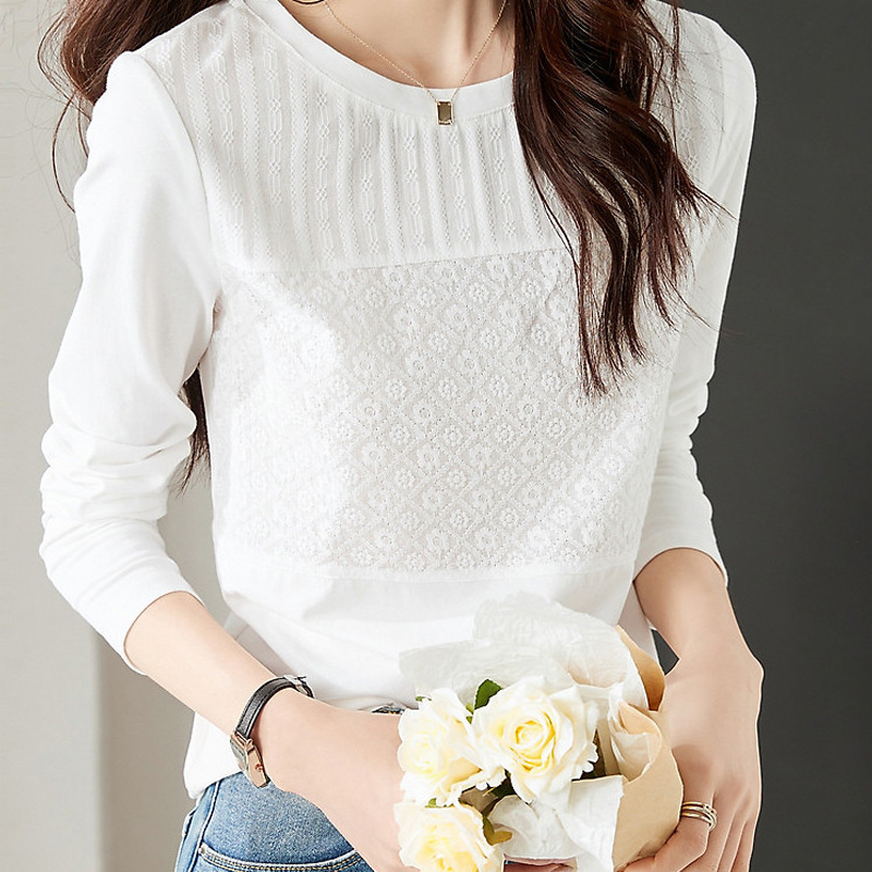2025秋冬季新款长袖纯棉白色t恤女宽松拼接百搭洋气法式减龄上衣