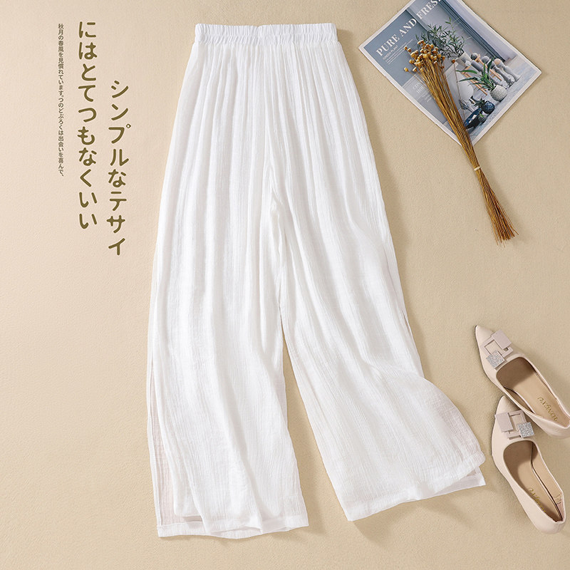中国风复古文艺简约素色禅服 棉麻薄纱透气舞蹈裤 松紧腰阔腿裤夏