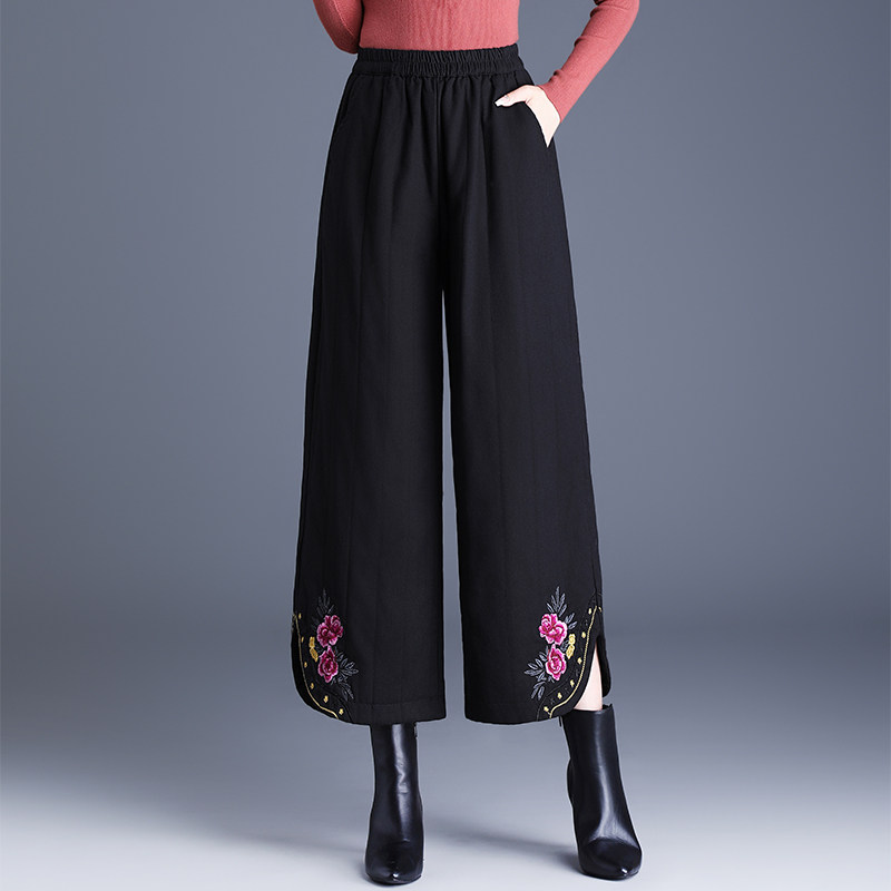 2025中式复古民族风九分裤 秋冬夹棉加厚阔腿裤 棉麻松紧腰女靴裤