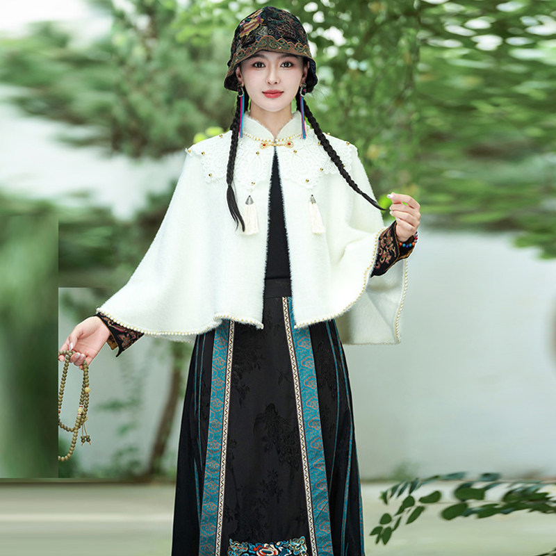 民族风秋冬气质斗篷外搭 串珠流苏一粒扣上披风 国潮中式短外套女