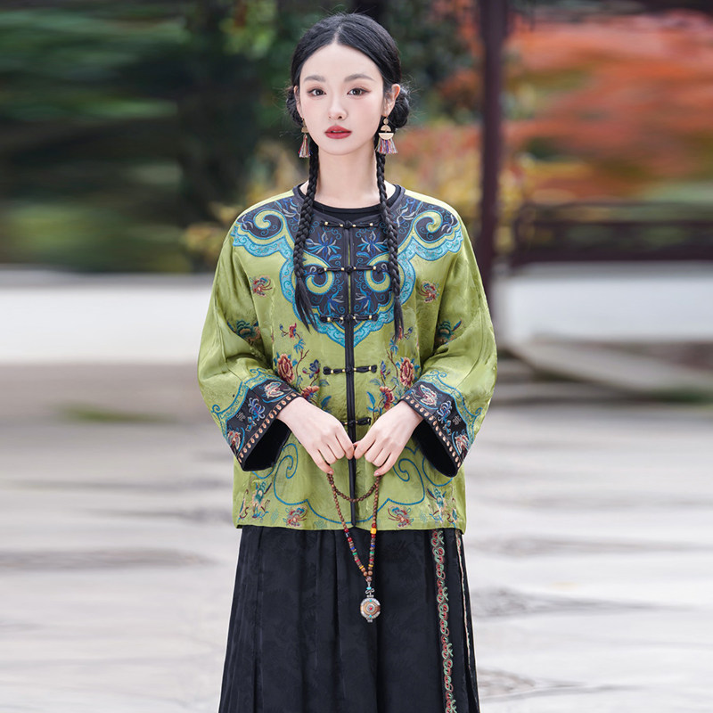 民族风复古宽松开衫 重工刺绣花圆领上衣 唐装春秋女薄外套提花