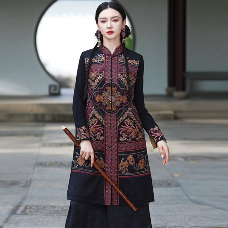 开衫国潮复古中长款小立领女马甲