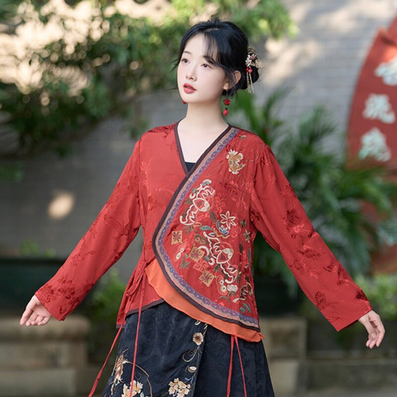 系带女衬衣国潮秋季开衫V领