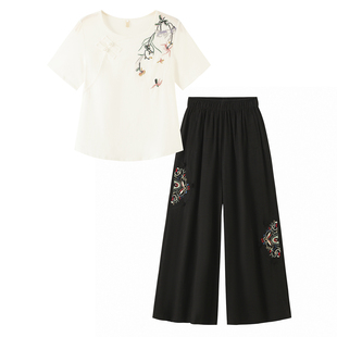 中国风文艺复古特色二件套 夏季棉麻刺绣短袖上衣+松紧阔腿裤长裤