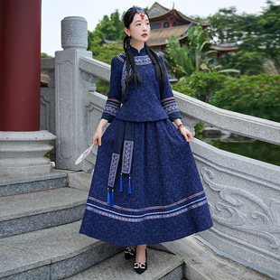 2025秋冬苗族古装 特色提花棉立领上衣+A字半身裙 舞蹈二件套装女