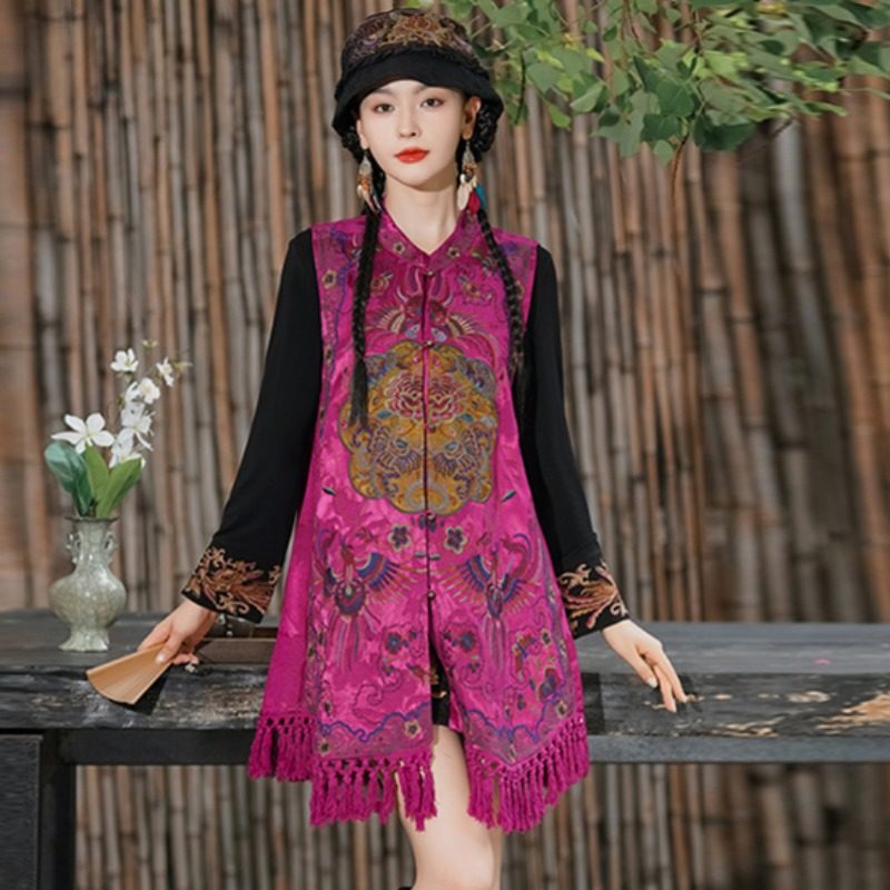 民族风文艺复古刺绣马甲 小立领秋季中长款开衫无袖外搭 中式马夹
