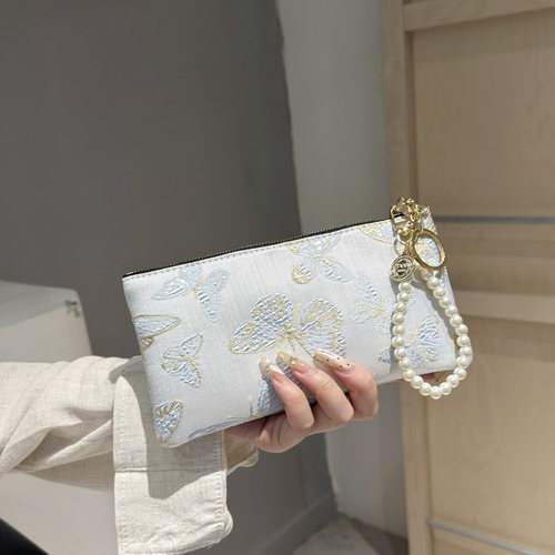 2025新款国风刺绣中国风珍珠手提拉链长款钱包女卡包手拿包手机包