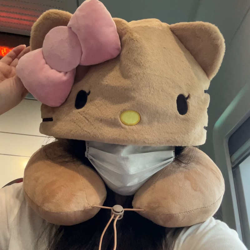 可爱卡通KT猫U型枕连帽护颈旅行飞机遮光休息便携办公室午睡靠枕