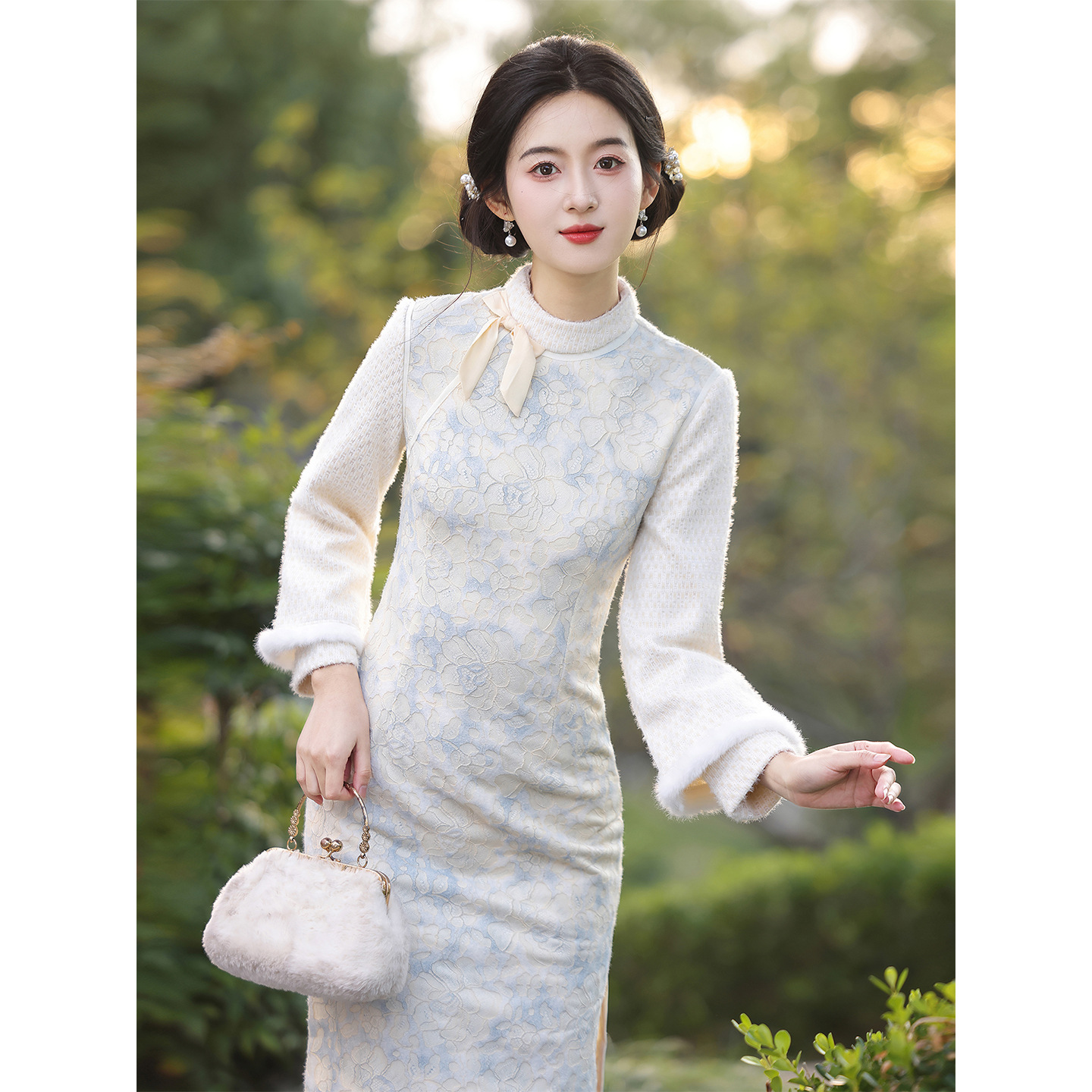 淡蓝秋冬加厚复合蕾丝旗袍女新中式2025新款高端大气上档次年轻款