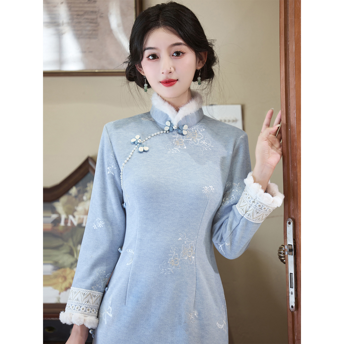 秋冬新款长袖旗袍新中式加绒加厚温柔改良年轻女蓝色日常连衣裙