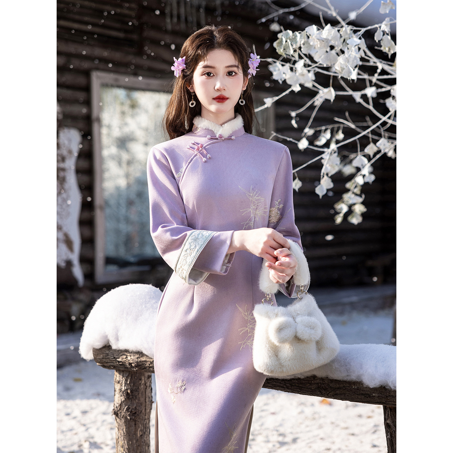 紫色冬季复古可以上班穿的旗袍女2025新款气质连衣裙麂皮绒绣花