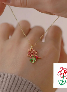 来图定制925纯银情侣项链亲子图案宝宝涂鸦手绘儿童画送老婆礼物